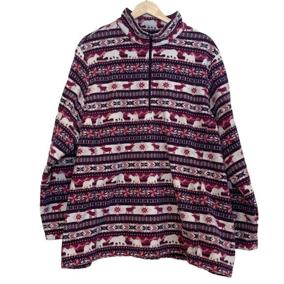 Lands' End 1/4 Zip Fleece Fair Isle Pullover Sweatshirt Size 3X Mock Neck Pink - Picture 1 of 12